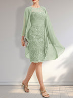 Sheath Scoop Illusion Knee-Length Lace Chiffon Mother of the Bride Dress With Cascading Ruffles Sequins