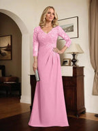 Sheath/Column V-Neck Illusion Floor-Length Lace Chiffon Mother of the Bride Dress With Pleated Sequins by Dreamylily