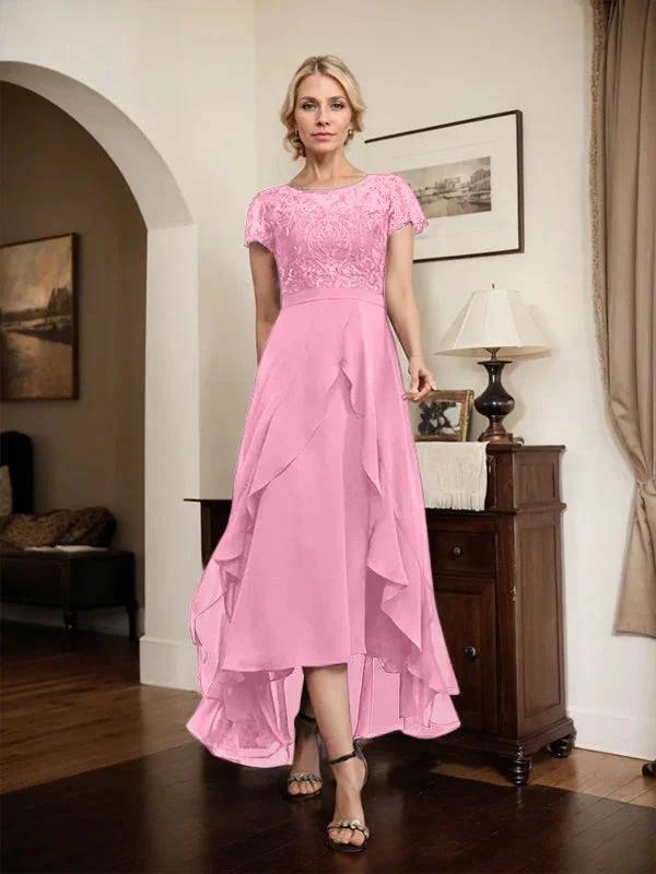 A-line Scoop Illusion Asymmetrical Chiffon Lace Mother of the Bride Dress With Bow Ruffle Sequins by Dreamylily