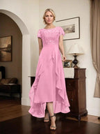 A-line Scoop Illusion Asymmetrical Chiffon Lace Mother of the Bride Dress With Bow Ruffle Sequins by Dreamylily