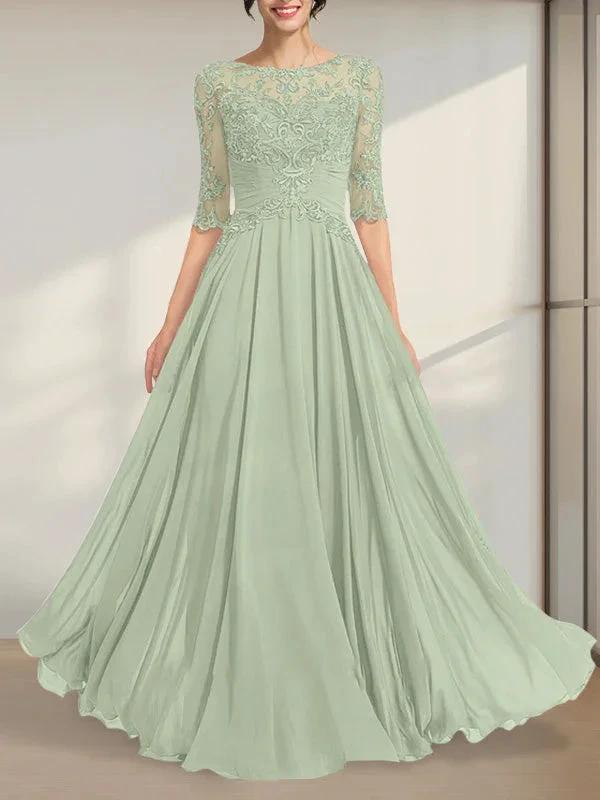 A-line Scoop Illusion Floor-Length Chiffon Lace Mother of the Bride Dress With Pleated Sequins by Dreamylily