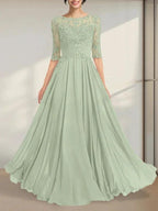 A-line Scoop Illusion Floor-Length Chiffon Lace Mother of the Bride Dress With Pleated Sequins by Dreamylily