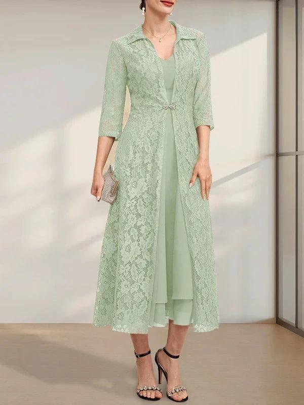 A-line V-Neck Tea-Length Chiffon Mother of the Bride Dress by Dreamylily