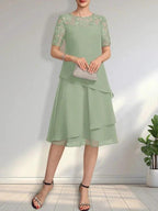 A-line Scoop Illusion Knee-Length Lace Chiffon Mother of the Bride Dress With Sequins by Dreamylily