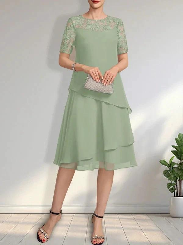 A-line Scoop Illusion Knee-Length Lace Chiffon Mother of the Bride Dress With Sequins by Dreamylily