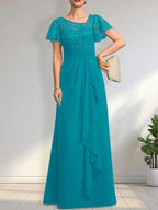 A-line Asymmetrical Illusion Floor-Length Lace Chiffon Mother of the Bride Dress With Cascading Ruffles Sequins by Dreamylily