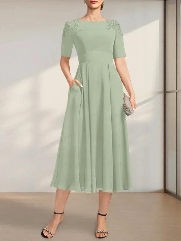 A-line Scoop Tea-Length Chiffon Mother of the Bride Dress With Appliques Lace Sequins by Dreamylily