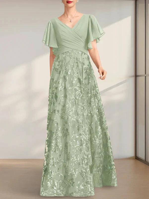 A-line V-Neck Floor-Length Lace Sequin Chiffon Mother of the Bride Dress With Pleated by Dreamylily