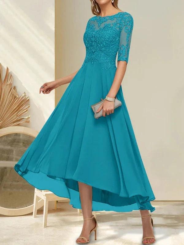 A-line Boat Neck Illusion Asymmetrical Chiffon Lace Mother of the Bride Dress With Sequins Beading by Dreamylily