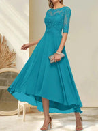 A-line Boat Neck Illusion Asymmetrical Chiffon Lace Mother of the Bride Dress With Sequins Beading by Dreamylily
