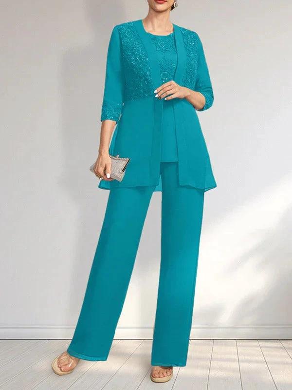 Jumpsuit/Pantsuit Separates Scoop Floor-Length Chiffon Lace Mother of the Bride Dress With Sequins by Dreamylily