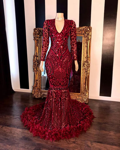 Pailletten Meerjungfrau Bodenlangen Ballkleid Burgund Lange Ärmel