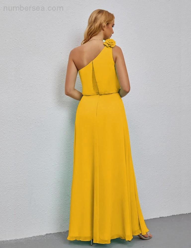 Ruffled One Shoulder Sleeveless Long Bridesmaid Dresses A-line Formal Evening Gown Side Split 28080 by numbersea