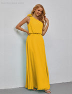 Ruffled One Shoulder Sleeveless Long Bridesmaid Dresses A-line Formal Evening Gown Side Split 28080 by numbersea