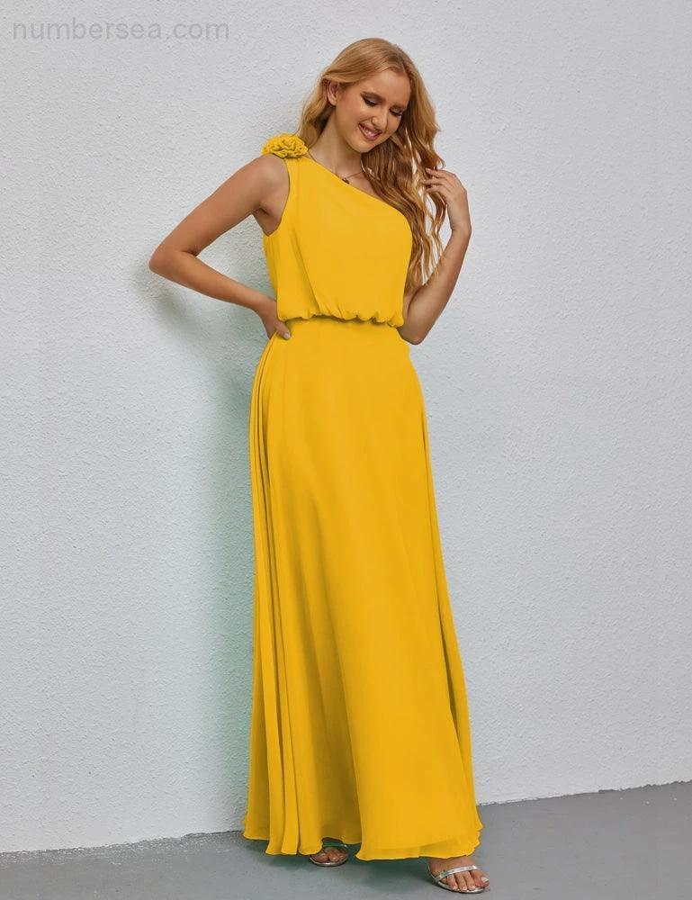 Ruffled One Shoulder Sleeveless Long Bridesmaid Dresses A-line Formal Evening Gown Side Split 28080 by numbersea