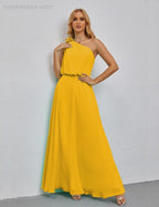 Ruffled One Shoulder Sleeveless Long Bridesmaid Dresses A-line Formal Evening Gown Side Split 28080 by numbersea
