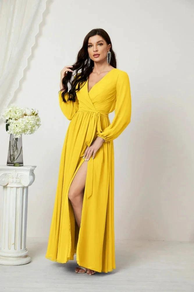 Sunnderly Evening Dresses Deep V-Neck Chiffon Bridesmaid Dresses Long Bishop Sleeve Side Split Formal Dress SY2806 by numbersea
