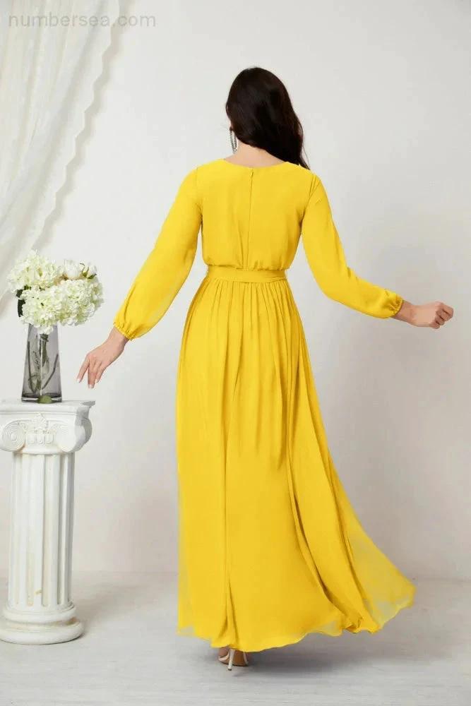 Sunnderly Evening Dresses Deep V-Neck Chiffon Bridesmaid Dresses Long Bishop Sleeve Side Split Formal Dress SY2806 by numbersea