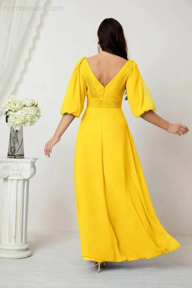 Numbersea Formal Prom Gown Women V-Neck Chiffon Bridesmaid Dresses Long Bishop Sleeve Party Dress 2807 by numbersea