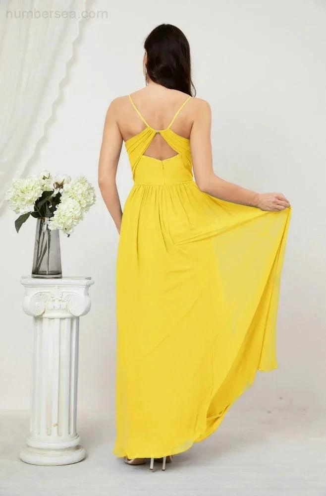Numbersea Neck Bridesmaid Dresses Chiffon Long Spaghetti A-line Formal Prom Gown for Wedding Party Evening 2801 by numbersea