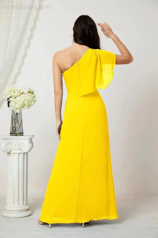 Numbersea Chiffon Ruffled One Shoulder Long Bridesmaid Dresses A-line Formal Evening Gown Side Split 2809 by numbersea
