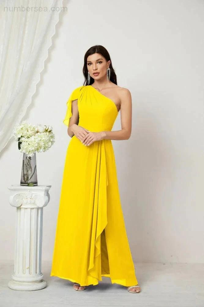Numbersea Chiffon Ruffled One Shoulder Long Bridesmaid Dresses A-line Formal Evening Gown Side Split 2809 by numbersea