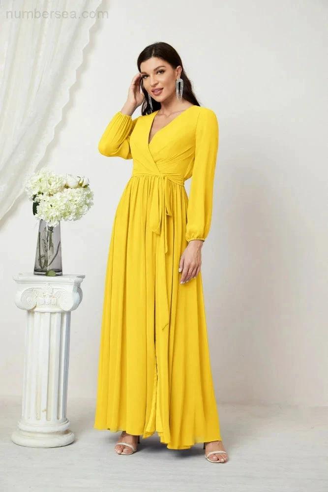Sunnderly Evening Dresses Deep V-Neck Chiffon Bridesmaid Dresses Long Bishop Sleeve Side Split Formal Dress SY2806 by numbersea
