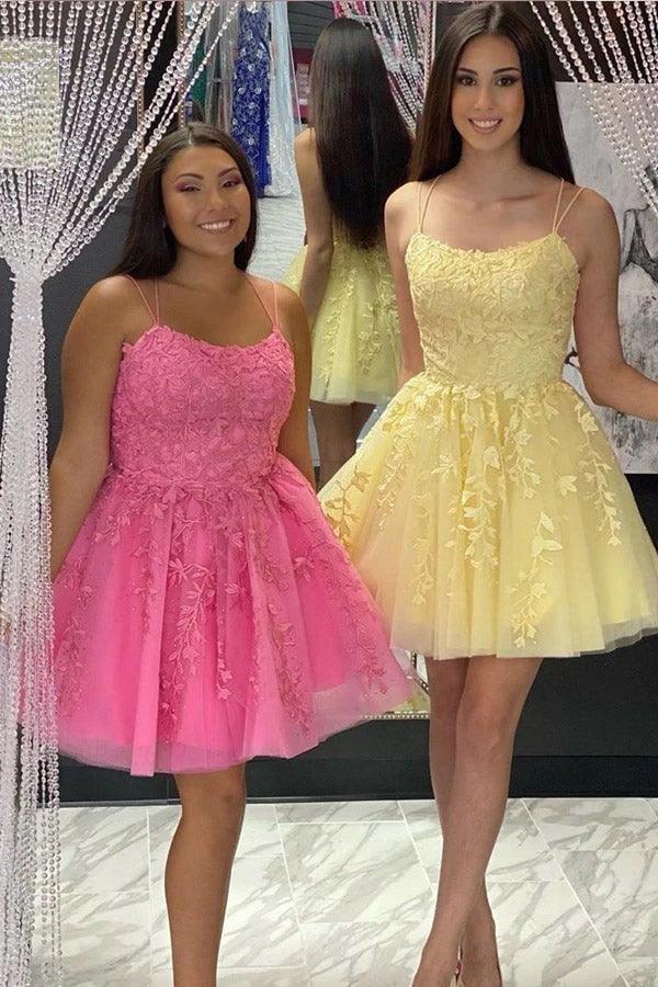 Straps Lace Applique Blue Homecoming Dress Short Prom Dress PD424 by pgmdress