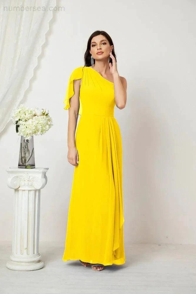 Numbersea Chiffon Ruffled One Shoulder Long Bridesmaid Dresses A-line Formal Evening Gown Side Split 2809 by numbersea