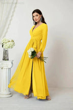 Sunnderly Evening Dresses Deep V-Neck Chiffon Bridesmaid Dresses Long Bishop Sleeve Side Split Formal Dress SY2806 by numbersea