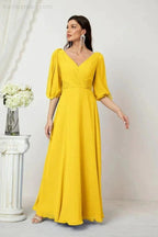 Numbersea Formal Prom Gown Women V-Neck Chiffon Bridesmaid Dresses Long Bishop Sleeve Party Dress 2807 by numbersea