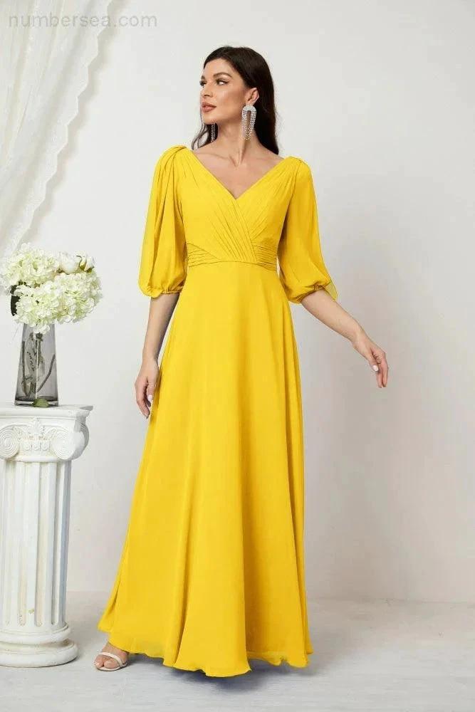 Numbersea Formal Prom Gown Women V-Neck Chiffon Bridesmaid Dresses Long Bishop Sleeve Party Dress 2807 by numbersea