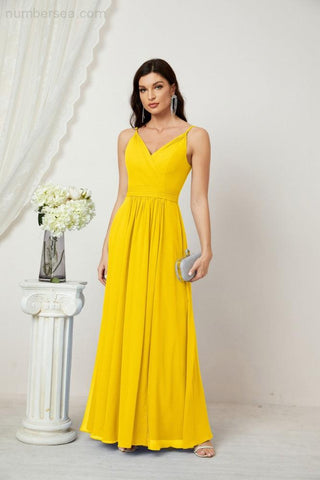 Numbersea Chiffon V-Neck Bridesmaid Dress Spaghetti Strap Long Formal Party Prom Gowns with Slit 28010