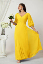 Numbersea Formal Prom Gown Women V-Neck Chiffon Bridesmaid Dresses Long Bishop Sleeve Party Dress 2807 by numbersea