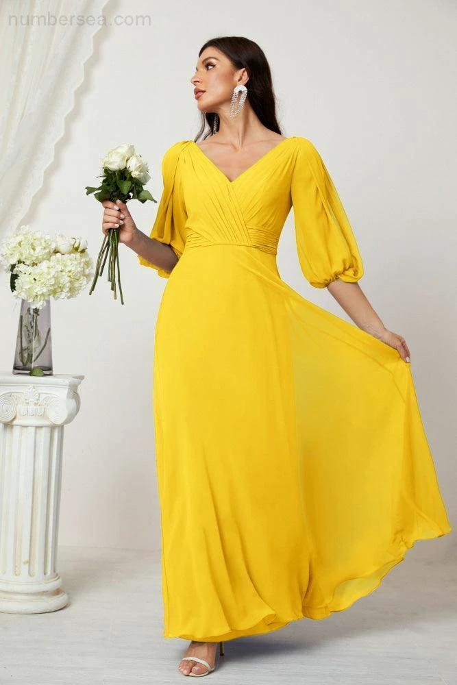 Numbersea Formal Prom Gown Women V-Neck Chiffon Bridesmaid Dresses Long Bishop Sleeve Party Dress 2807 by numbersea