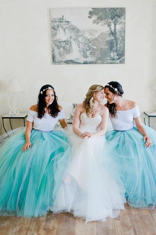 Two Piece Spaghetti Straps Sweep Train Mint Tulle Bridesmaid Dress BD082 by pgmdress