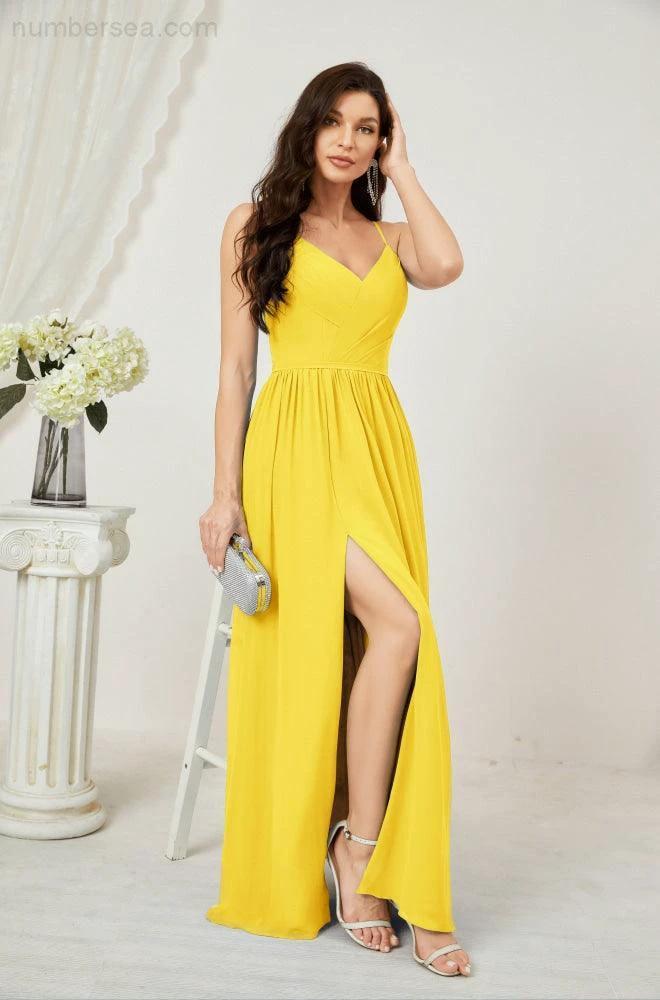 Numbersea Neck Bridesmaid Dresses Chiffon Long Spaghetti A-line Formal Prom Gown for Wedding Party Evening 2801 by numbersea