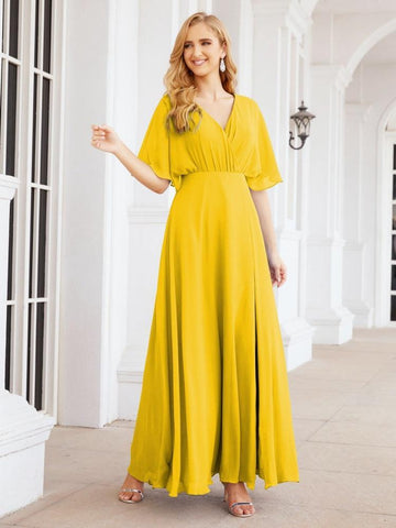 Numbersea V-Neck Bridesmaid Dress Chiffon Long Open Back Formal Dresses for Women Party Evening 28067