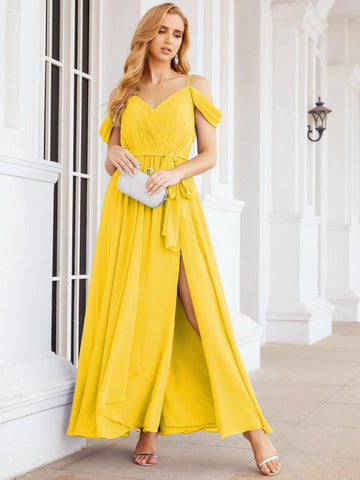 Numbersea Off The Shoulder Chiffon Bridesmaid Dress Long Formal Graduation Gown with Cowl Back 28069