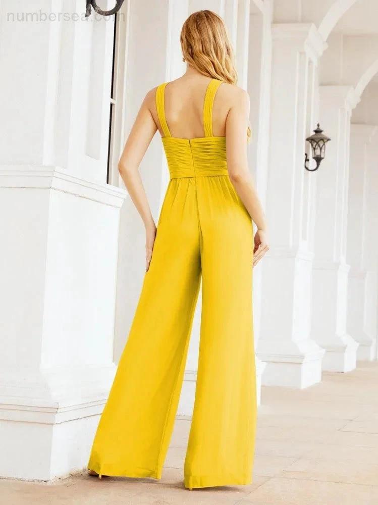 Numbersea Crisscross Neck Jumpsuit Formal Evening Dress Long Bridesmaid Dresses Bell-bottomed Pants 28033 by numbersea