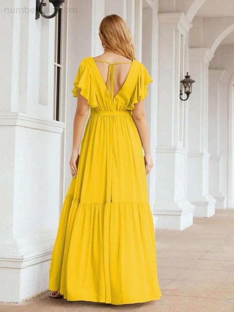 Numbersea Women's Open Back Formal Evening Party Prom Gowns V-Neck Long Chiffon Bridesmaid Dresses with Waist Belt 28038 by numbersea