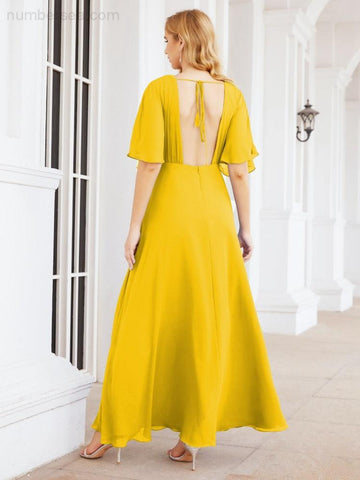 Numbersea V-Neck Bridesmaid Dress Chiffon Long Open Back Formal Dresses for Women Party Evening 28067