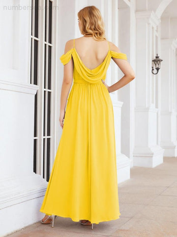 Numbersea Off The Shoulder Chiffon Bridesmaid Dress Long Formal Graduation Gown with Cowl Back 28069