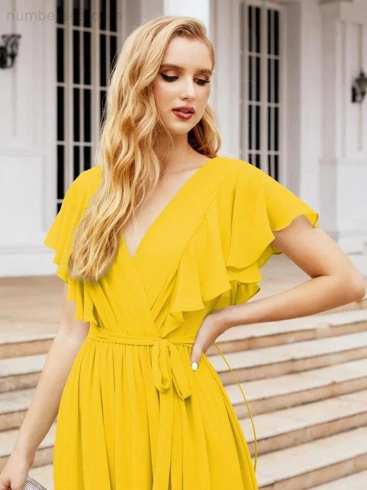 Numbersea Women's Open Back Formal Evening Party Prom Gowns V-Neck Long Chiffon Bridesmaid Dresses with Waist Belt 28038 by numbersea