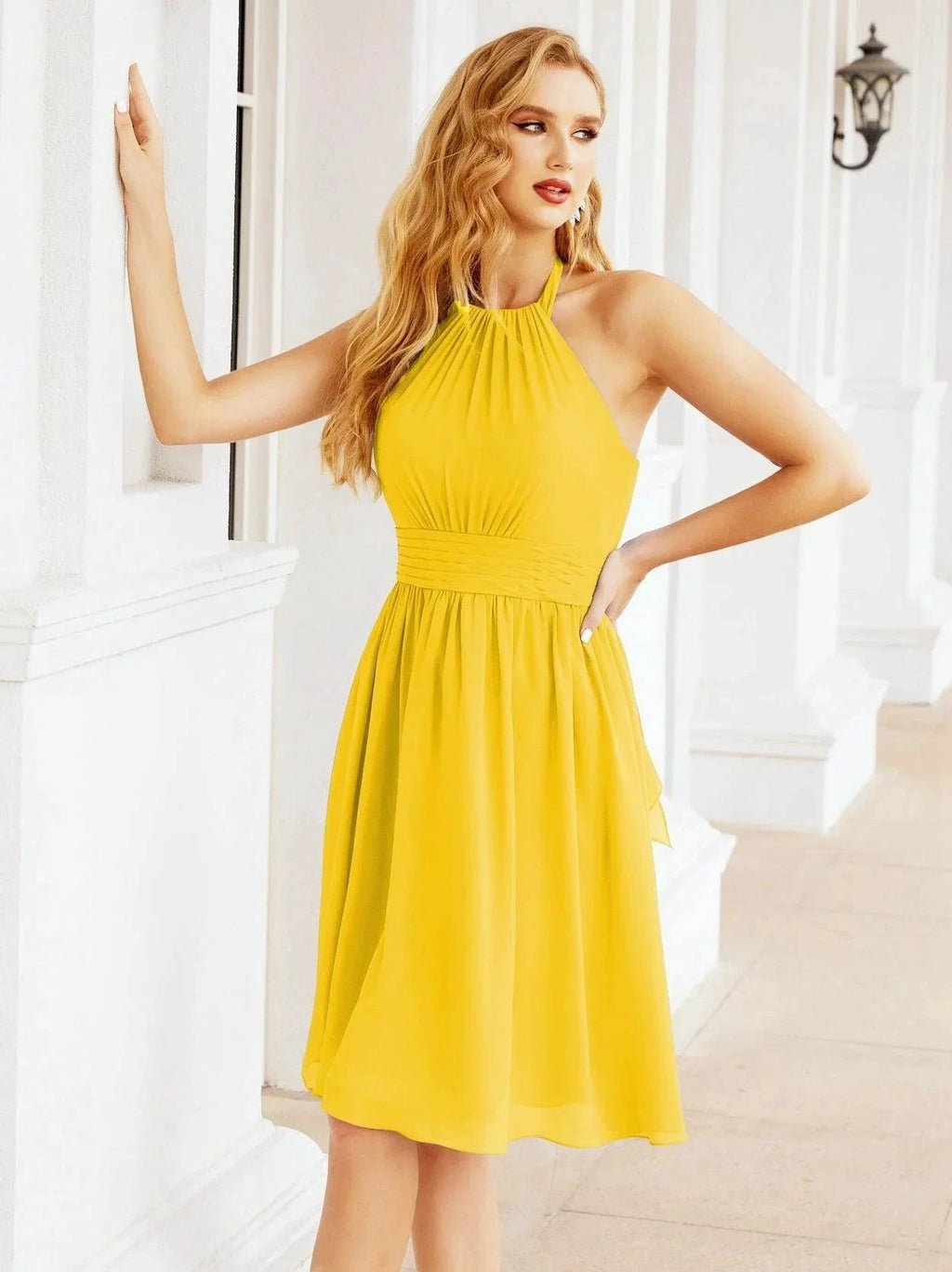 Numbersea Halter Chiffon Bridesmaid Dresses Short Sleeveless Formal Party Dress Open Back 28023 by numbersea