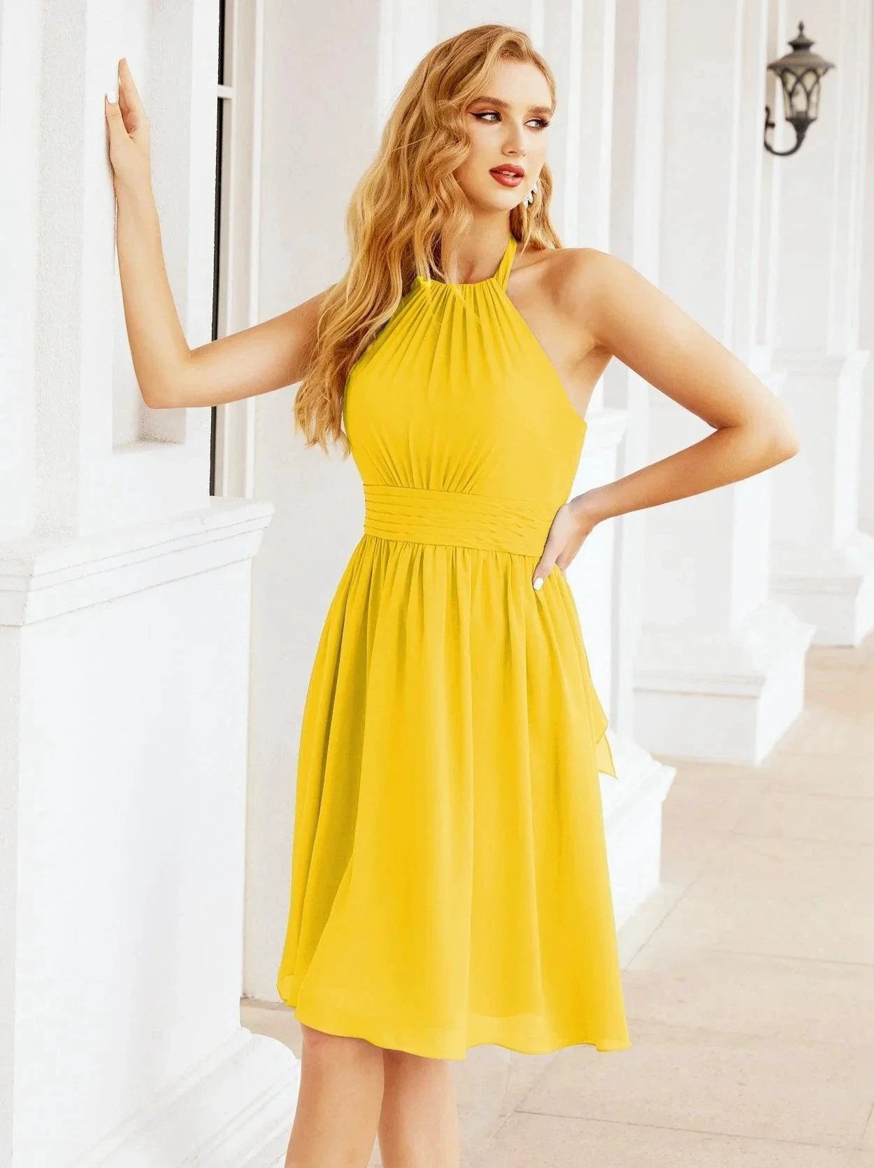 Numbersea Halter Chiffon Bridesmaid Dresses Short Sleeveless Formal Party Dress Open Back 28023 by numbersea