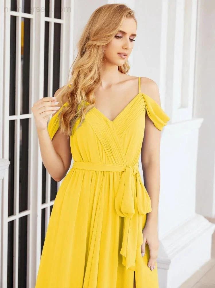 Numbersea Off The Shoulder Chiffon Bridesmaid Dress Long Formal Graduation Gown with Cowl Back 28069 by numbersea