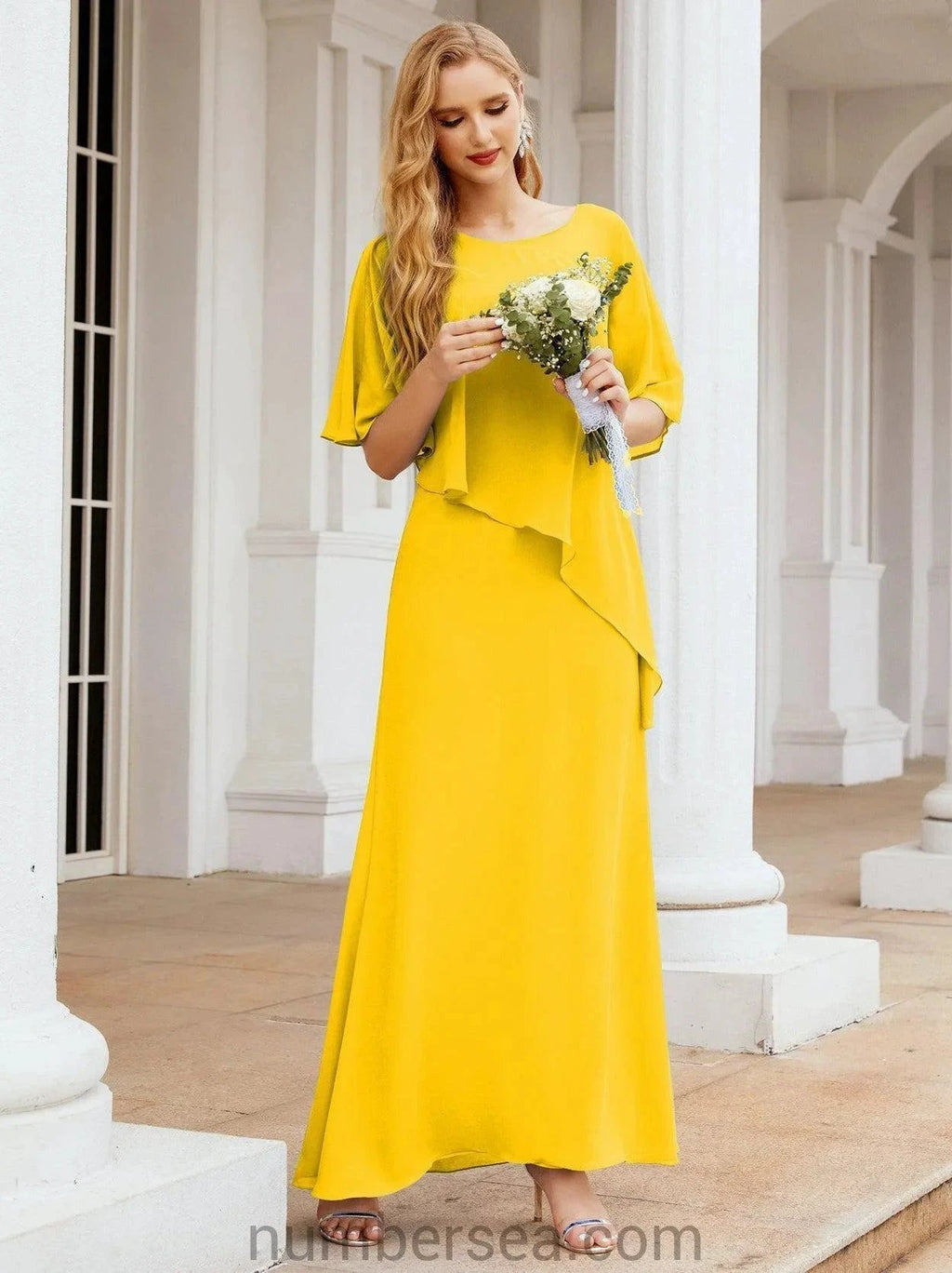 Sunnderly Formal Party Gown Dress Long Mother of The Bride Dresses with Ruffle Cape SY28026 by numbersea