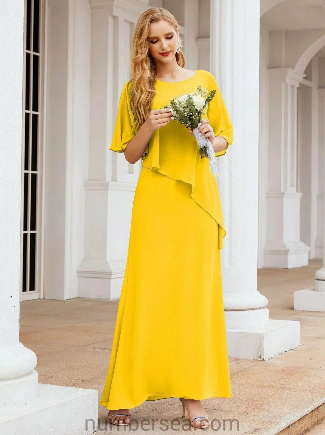 Sunnderly Formal Party Gown Dress Long Mother of The Bride Dresses with Ruffle Cape SY28026 by numbersea