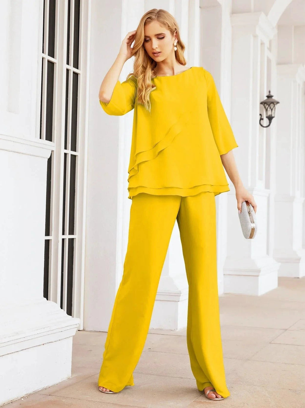 Sunnderly Elegant 2 Piece Mother of The Bride Dress Plus Size Pant Suits Ruffle Layers Sliver Housecoat SY28064 by numbersea